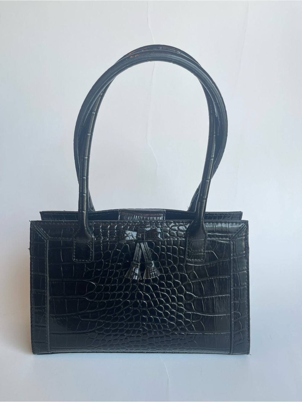 Liz Claiborne Black Faux Croc-Embossed Shoulder Bag Y2K Classic Structured Purse